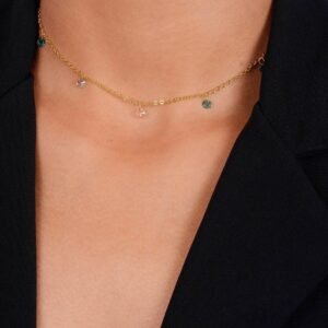 Colar Dourado Chocker Pontos de Cristais Coloridos - Coleção Almafitana